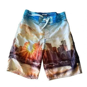 Old Navy Yellow Blue City Sunset Boys Swimming Board Short Pants SZ S( 6/7)